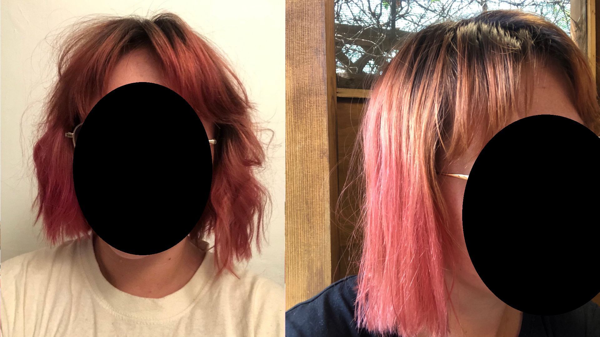 1. Włosy w dniu koloryzacji, 2. Włosy dwa dni po koloryzacji