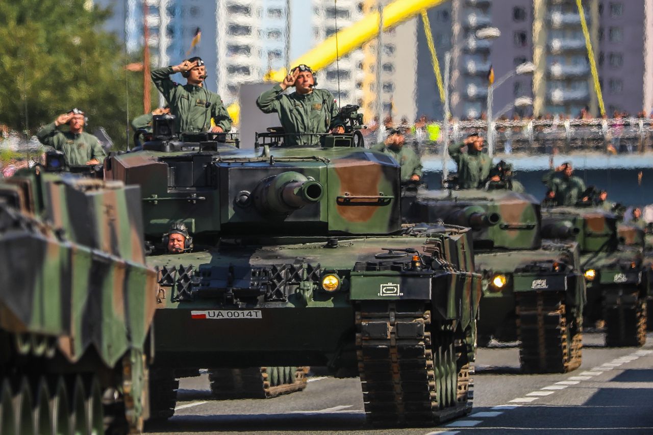 Leopard 2 tanks are seen diring the military parade on Polish Armed Forces Day in Katowice, Poland on 15th August, 2019.