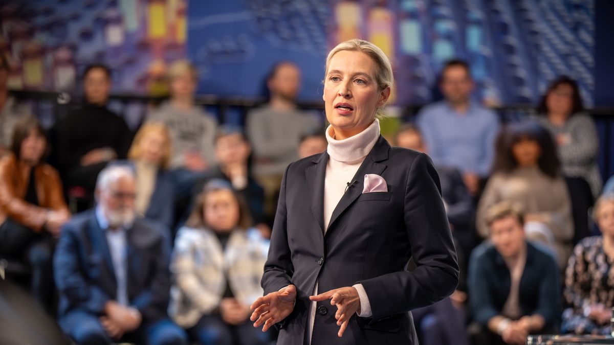 BERLIN, GERMANY - FEBRUARY 13: Alice Weidel, candidate for chancellor of the AfD speaks on the ZDF program “Klartext on February 13, 2025 in Berlin, Germany. (Photo by Michael Kappeler - Pool/Getty Images)