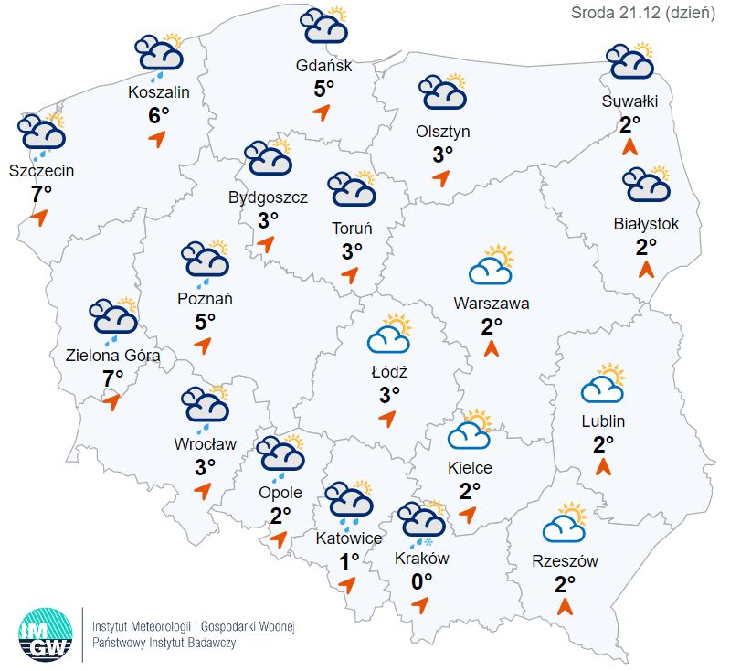 mapa pogody na środę, 21 grudnia