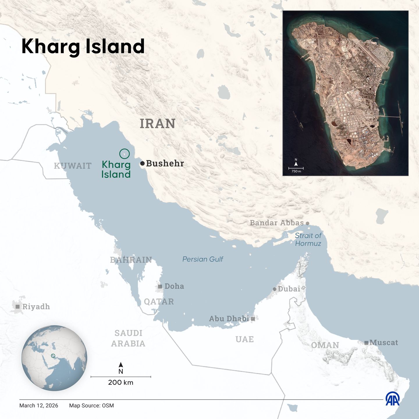 ANKARA, TURKIYE - MARCH 12: An infographic titled "Kharg Island" created in Ankara, Turkiye on March 12, 2026. (Photo by Elif Acar/Anadolu via Getty Images)