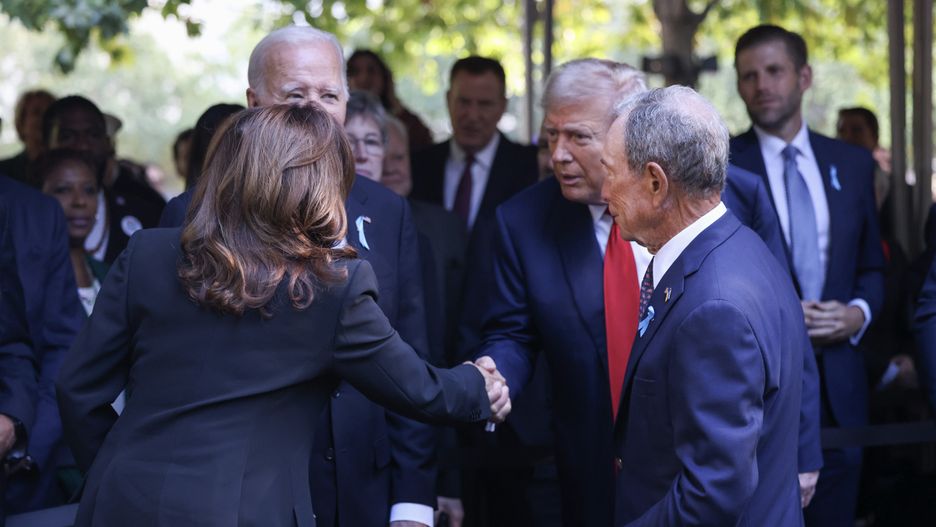 New York City Marks 23rd Anniversary Of September 11, 2001 Attacks
NEW YORK, NEW YORK - SEPTEMBER 11: (L-R) Democratic presidential nominee, U.S. Vice President Kamala Harris, greets Republican presidential nominee, former U.S. President Donald Trump as they joined family and friends at Ground Zero honoring the lives of those lost on the 23rd anniversary of the terror attacks of September 11, 2001, at the World Trade Center on September 11, 2024 in New York City.  Harris will also attend ceremonies at the Flight 93 National Memorial in Shanksville, Pa, and the Pentagon in Arlington, Va., making visits to all three sites of the terror attacks that killed nearly 3,000 people.  (Photo by Michael M. Santiago/Getty Images)
Michael M. Santiago