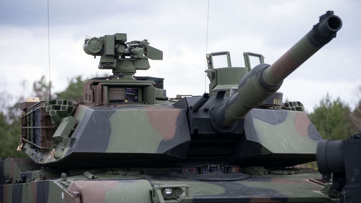 American Abrams tanks presented during the ceremony of signing the contract for the purchase of 250 Abrams tanks for the Polish Army in the 1st Warsaw Armored Brigade in Wesola near Warsaw, Poland on April 5,  2022 (Photo by Mateusz Wlodarczyk/NurPhoto via Getty Images)