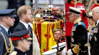 Rodzina królewska podąża w procesji za trumną Elżbiety II: król Karol III, książę William, książę Harry bez munduru... (ZDJĘCIA)