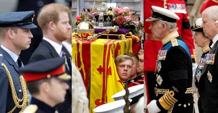 Rodzina królewska podąża w procesji za trumną Elżbiety II: król Karol III, książę William, książę Harry bez munduru... (ZDJĘCIA)