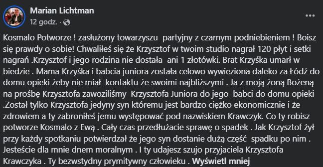 Wpis Mariana Lichtmana na Facebooku
