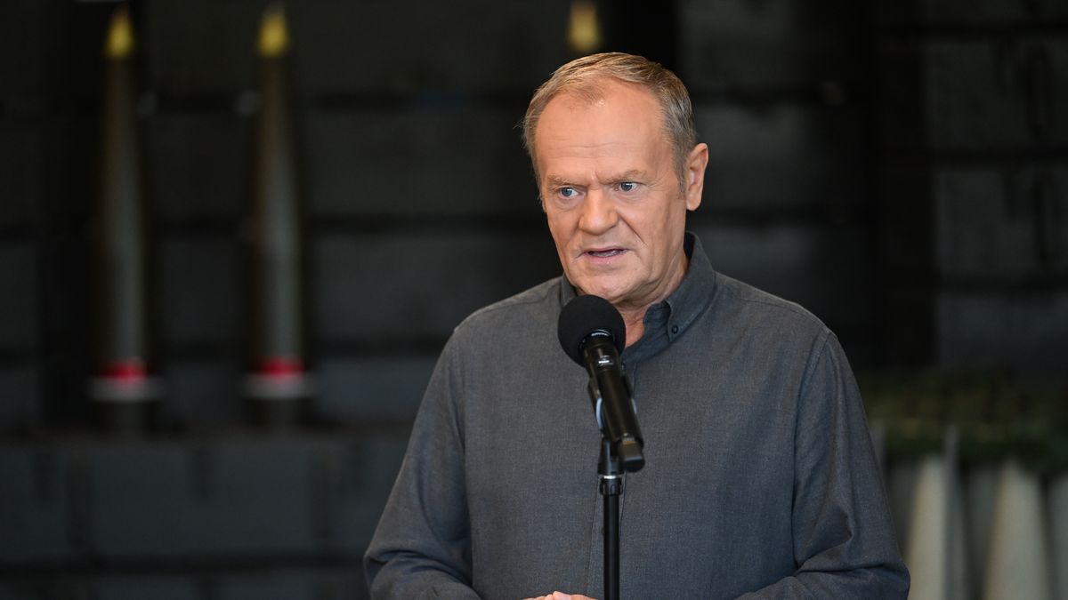 Nowa Dęba, 12.09.2025. Premier Donald Tusk podczas wypowiedzi dla mediów w trakcie wizyty na terenie Zakładów Metalowych Dezamet S.A. w Nowej Dębie, 12 bm. (jm) PAP/Darek Delmanowicz