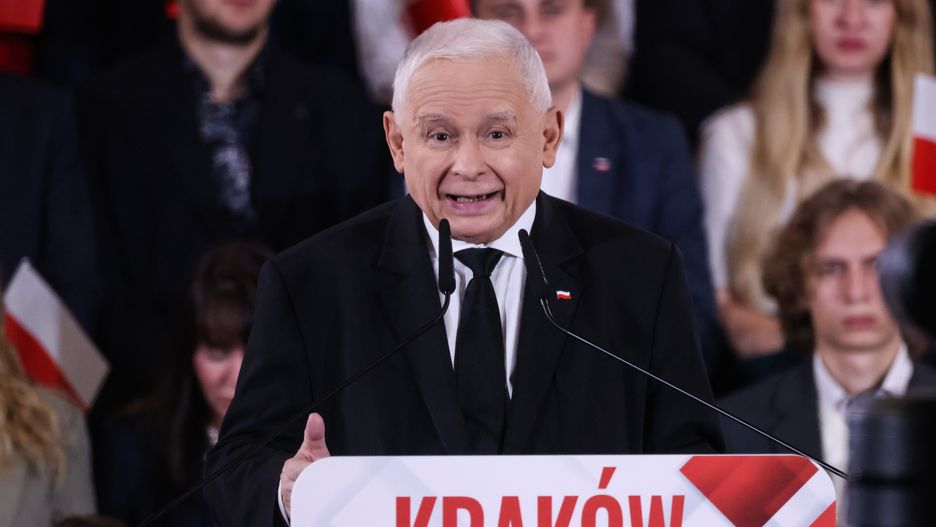 Jaroslaw Kaczynski speaks at Law and Justice (PiS) party convention in Krakow, Poland on November 24th, 2024. Nawrocki, the head of Poland's state historical institute, was announced by PiS party to be a non-partisan, independent candidate for the President of the Republic of Poland in election next year.  (Photo by Beata Zawrzel/NurPhoto via Getty Images)