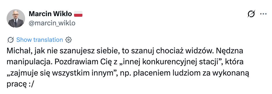 Post Marcina Wikły na platformie X