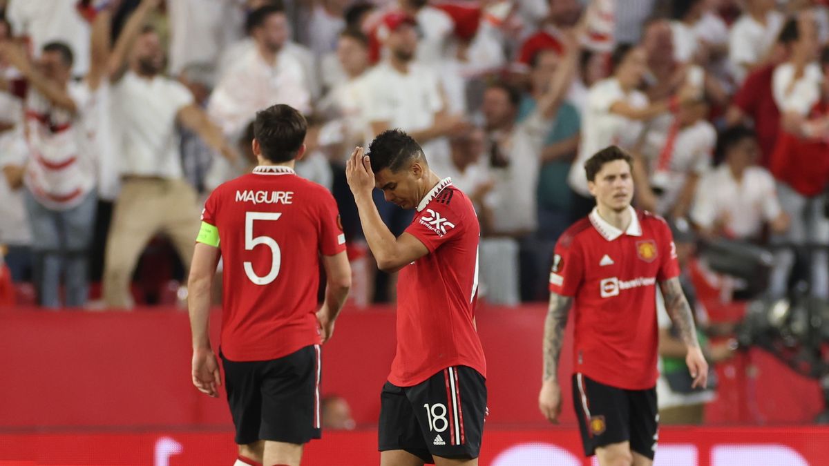 Manchester United's Casimiro looks dejected during the UEFA Europa League quarter-final second leg match at the Ramon Sanchez-Pizjuan Stadium, Seville. Picture date: Thursday April 20, 2023. (Photo by Isabel Infantes/PA Images via Getty Images)