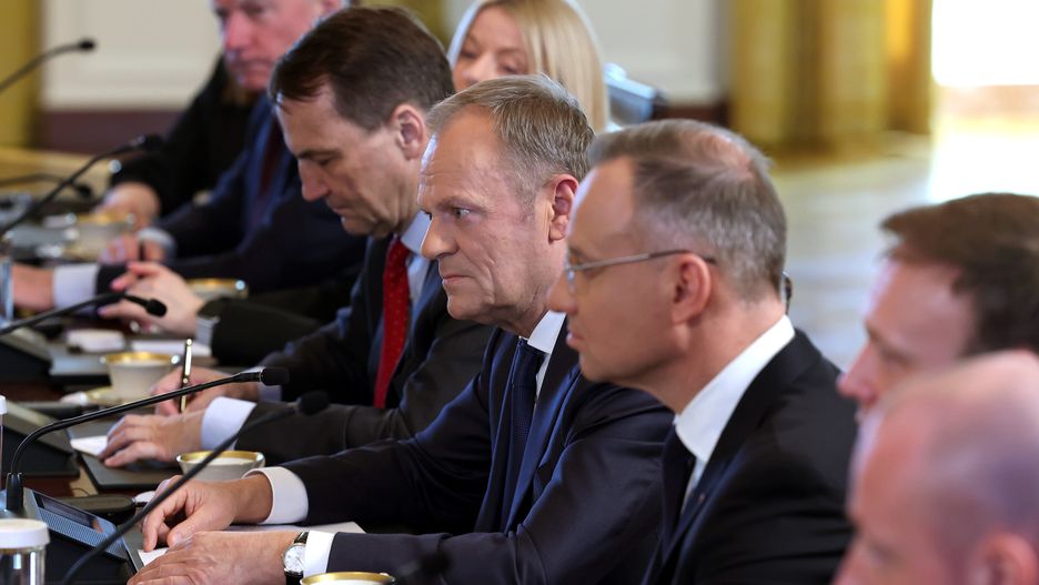 WASHINGTON, DC - MARCH 12: Prime Minister of Poland Donald Tusk (C), seated next to Polish President Andrzej Duda (R), participates in a meeting with U.S. President Joe Biden in the East Room of the White House on March 12, 2024 in Washington, DC. The leaders spoke on European security and reaffirmed military cooperation as Russia's war against Ukraine continues.   (Photo by Kevin Dietsch/Getty Images)