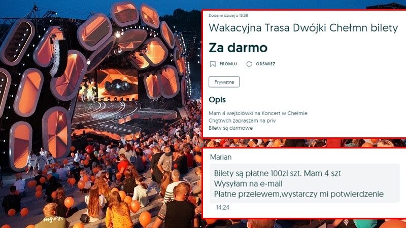 Oszuści sprzedają darmowe bilety na koncert Wakacyjnej Trasy Dwójki w Chełmie