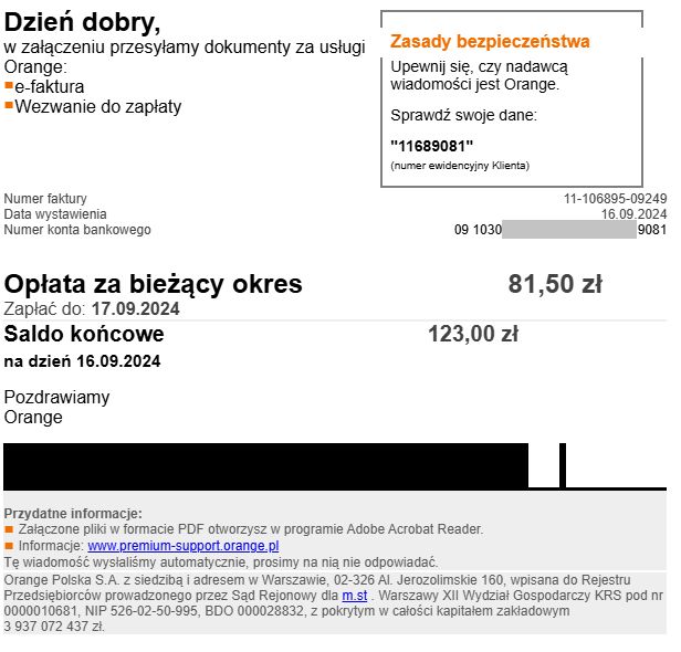 Przykładowy spreparowany e-mail, tutaj imitacja faktury Orange