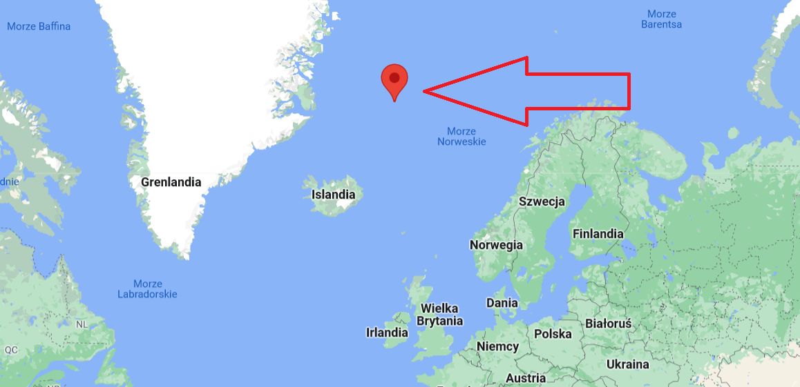 2022 EB5 wpadła w wody Morza Norweskiego. 470 km od wyspy Jan Mayen zaznaczonej pinezką