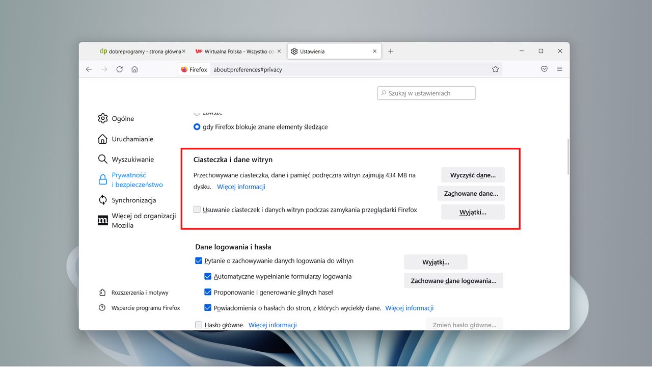 Netflix: sekcja Ciasteczka i dane witryn