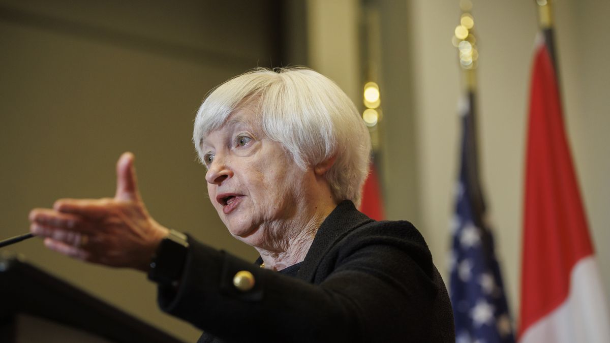 Janet Yellen, US Treasury secretary, speaks during a joint news conference alongside Chrystia Freeland, Canada's deputy prime minister and finance minister, in Toronto, Ontario, Canada, on Monday, June 20, 2022. Yellen said the US should work on shifting its dependence away from some rival nations for supplies of critical inputs as global supply-chain logjams have hurt the domestic economy. Photographer: Cole Burston/Bloomberg via Getty Images
