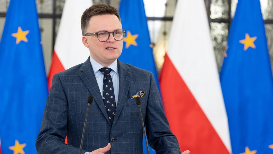 Marshal of the Sejm Szymon Holownia is speaking at a press conference in Warsaw, Poland, on February 20, 2024. (Photo by Foto Olimpik/NurPhoto via Getty Images)