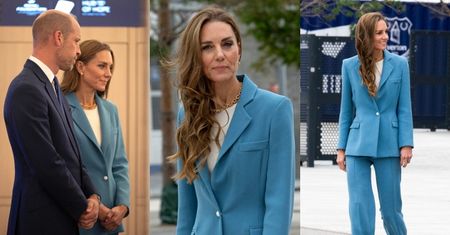 Elegancka Kate Middleton w BŁĘKITNYM garniturze towarzyszy Williamowi na stadionie w Liverpoolu (ZDJĘCIA)