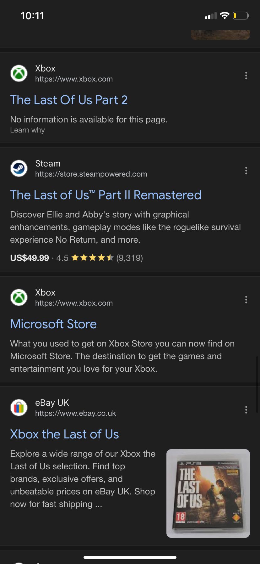 Xbox Store wyświetla wyniki dla The Last of Us Part 2