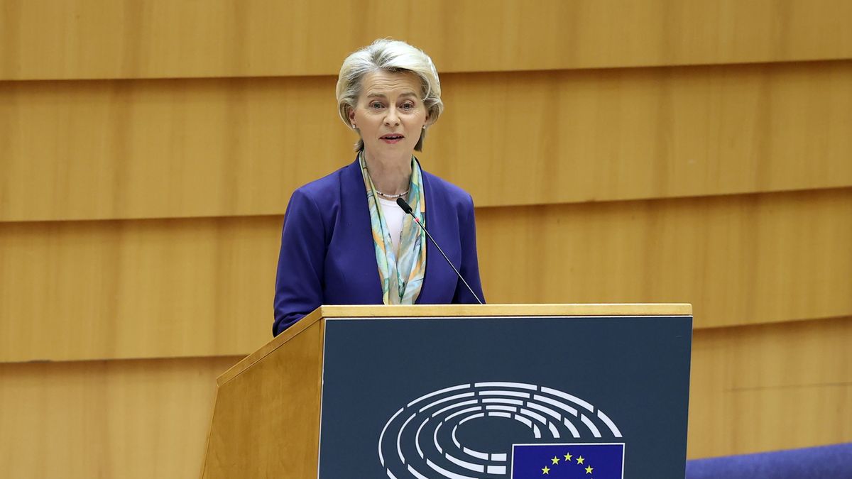 BRUSSELS, BELGIUM - MARCH 29: European Commission President Ursula von der Leyen makes a speech as she attends a plenary session at the European Parliament in Brussels, Belgium on March 29, 2023. (Photo by Dursun Aydemir/Anadolu Agency via Getty Images)