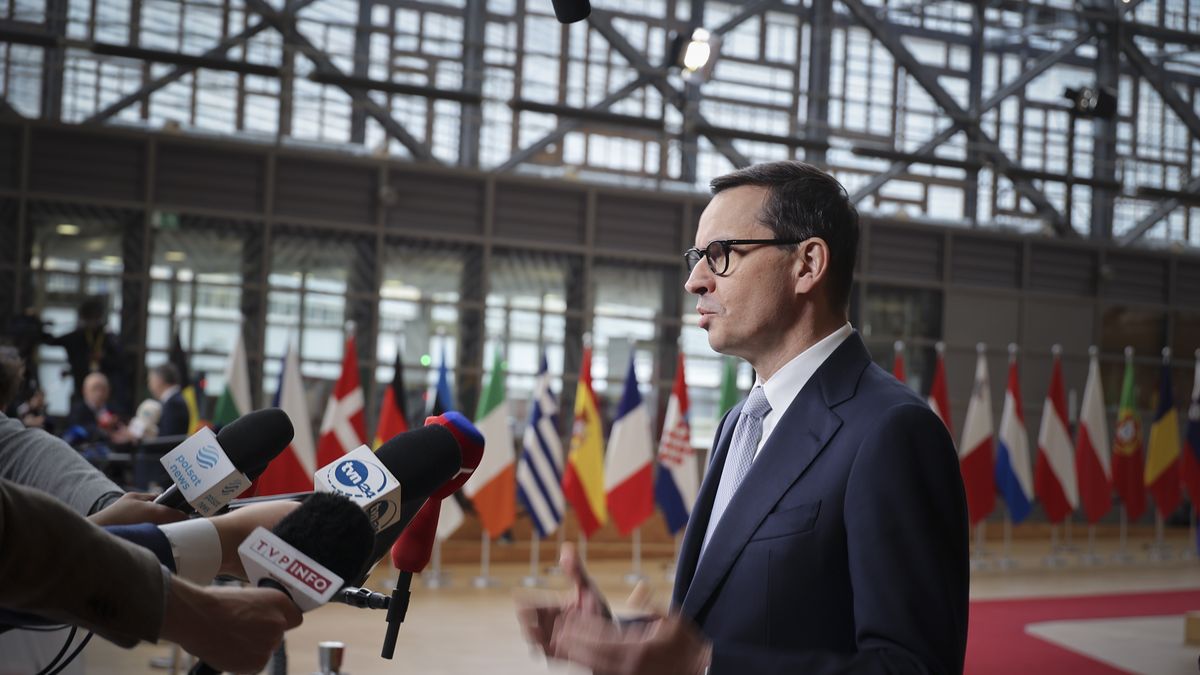 Prime Minister of Poland Mateusz Morawiecki talks to the media at a standup doorstep media press briefing after the end of the 2-day European Council summit. The Polish PM does a statement, talks about the meeting with the EU leaders and heads of states at the headquarters of the European Union and answers questions from journalists. EUCO in Brussels, Belgium on 24 March 2023  (Photo by Nicolas Economou/NurPhoto via Getty Images)