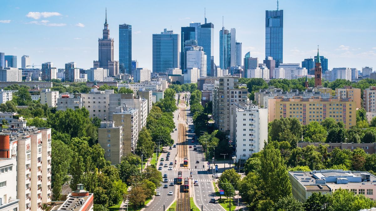 Skyscrapers in city center, Warsaw aerial landscape under blue skySkyscrapers in city center, Warsaw aerial landscape under blue skywarsaw, palace of culture and science, pkin, architecture, offices, sky, blue, business, buildings, center, corporation, mazovian, city, modern, Poland, work, skyline, tower, capitol, urban, financial, central, skyscrapers, downtown, aerial, above, landscape, horizon, day, vibrant, saturated, cityscape, view, panorama, daytime, blue sky, clouds, cloudscape, no people, Jana Pawla II, street, touristic, turism, travel destination