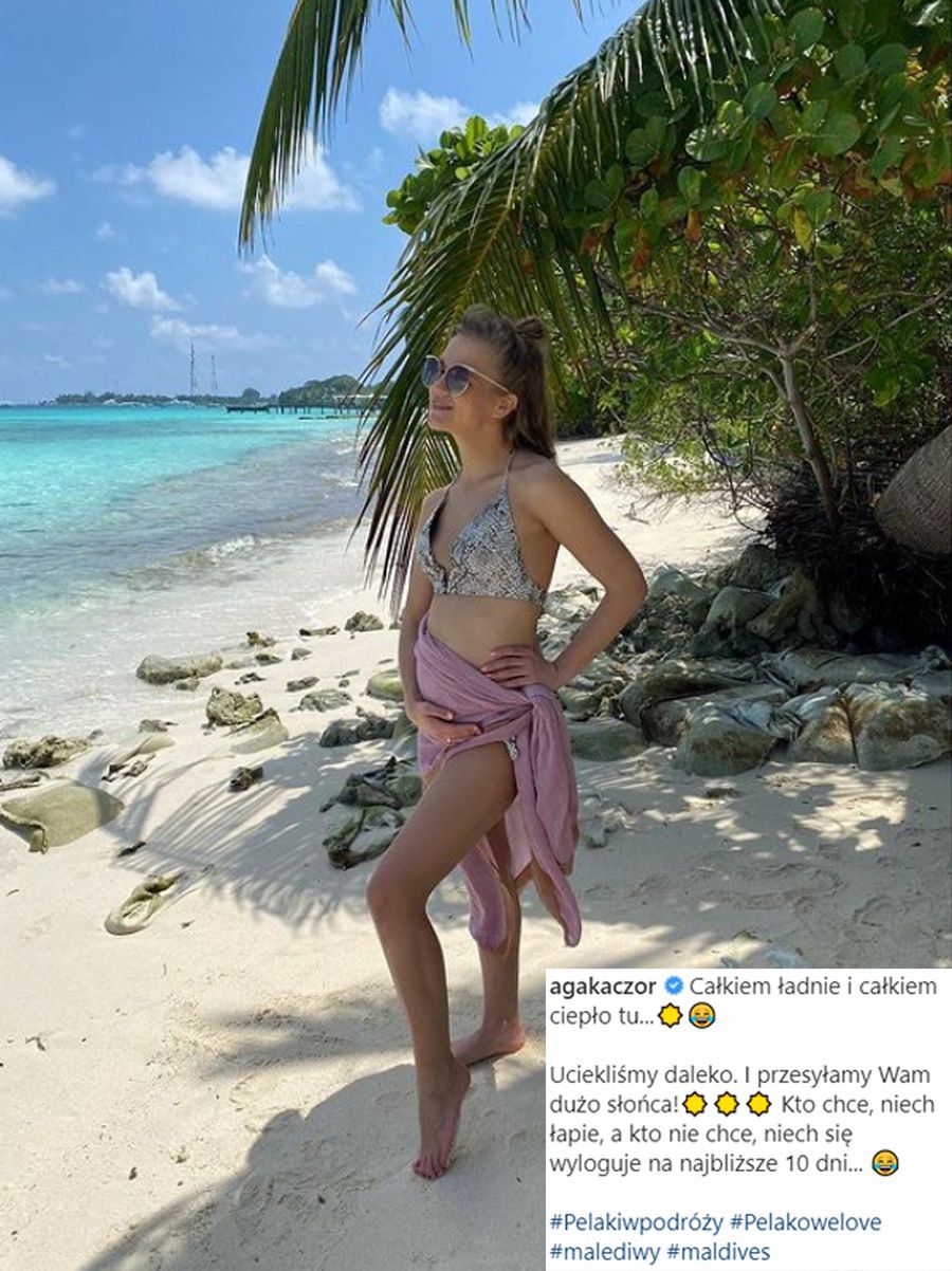 Agnieszka Kaczorowska trzyma się za ciążowy brzuszek na Malediwach