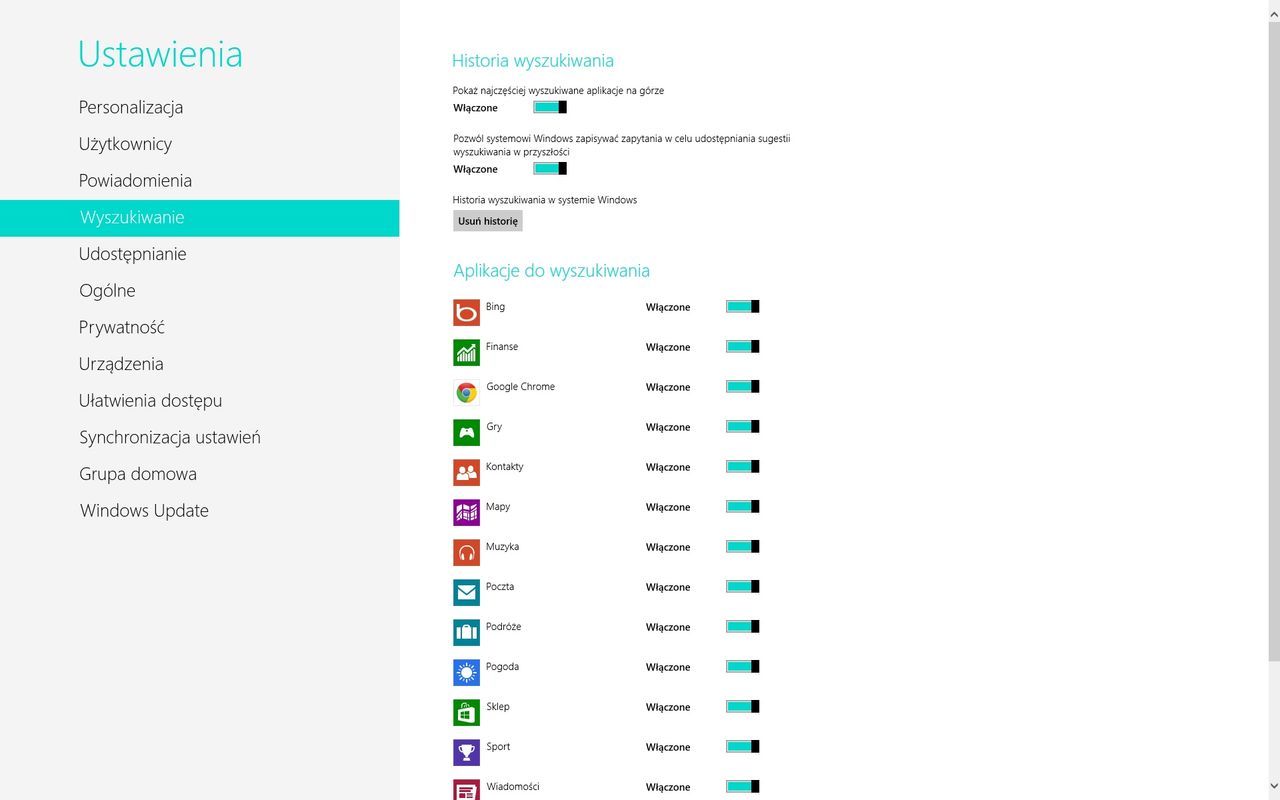 Windows 8 - ustawienia wyszukiwarki