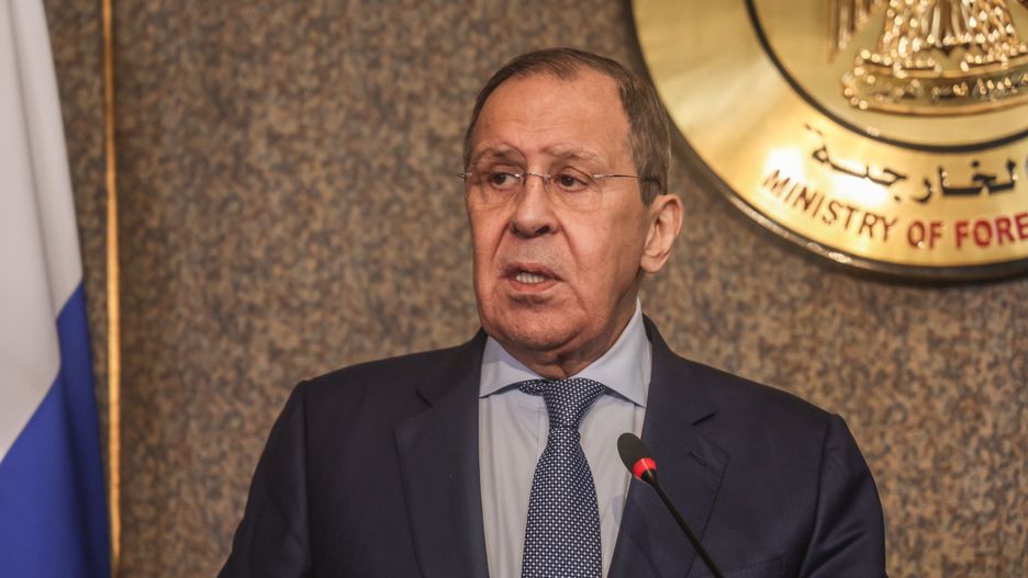 CAIRO, EGYPT - JULY 24: Russian Foreign Minister Sergei Lavrov and his Egyptian counterpart Sameh Hassan Shoukry (not seen) hold joint press conference after their meeting in Cairo, Egypt on June 24, 2022. (Photo by Mohamed Abdel Hamid/Anadolu Agency via Getty Images)