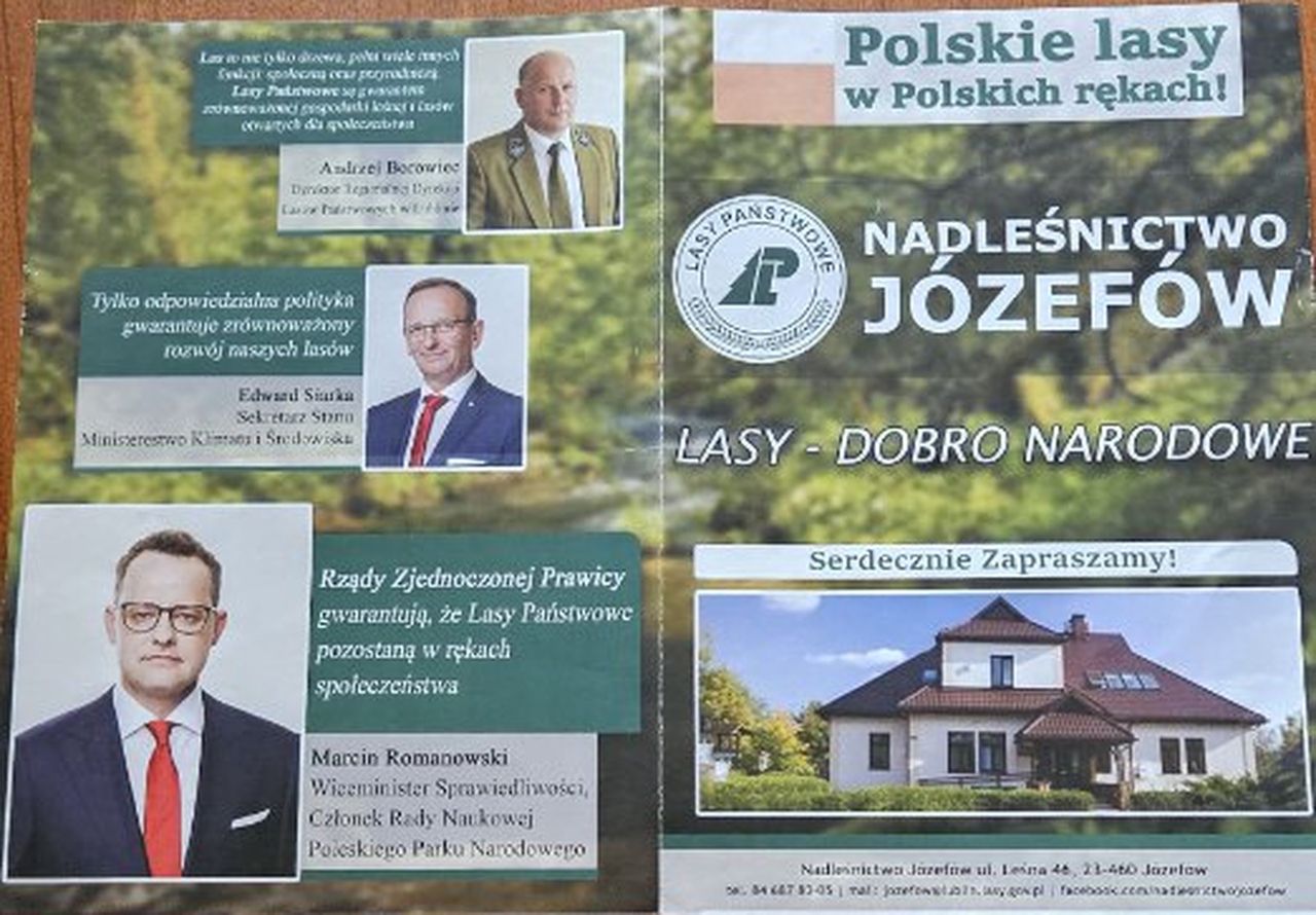 Ulotka promocyjna Lasów Państwowych, która promowała polityków Suwerennej Polski