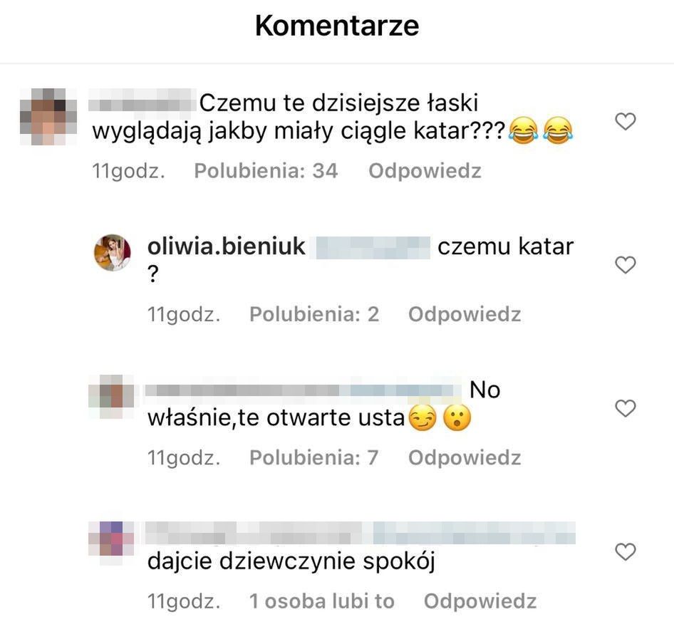 Komentarze pod nagraniem Oliwii Bieniuk