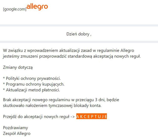 Nieudolnie spreparowany e-mail wykorzystujący wizerunek Allegro
