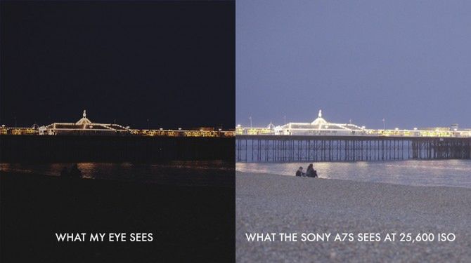 Po lewej: tak widzi ludzkie oko. Po prawej: obraz z Sony A7S przy ISO 25600.