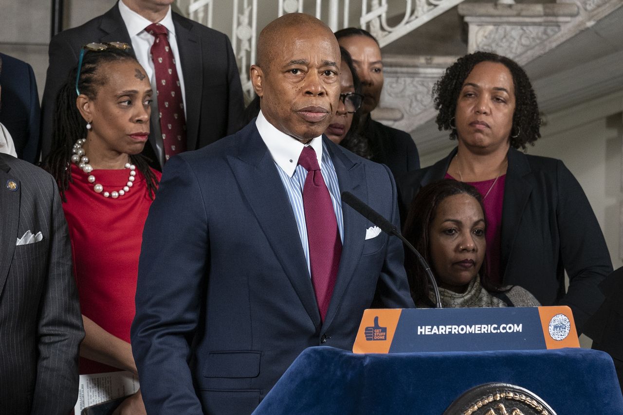 NEW YORK, UNITED STATES - 2024/02/14: Mayor Eric Adams makes announcement on lawsuit against social media companies at City Hall. Adams' administration filed a lawsuit against the companies that own five major social media platforms: TikTok, Instagram, Facebook, Snapchat and YouTube. The lawsuit alleges that young people became addicted to using social platforms and in many cases that leads to their harm. (Photo by Lev Radin/Pacific Press/LightRocket via Getty Images)