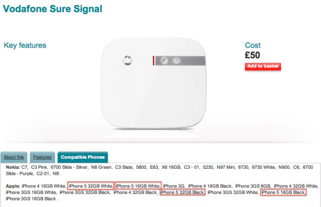 Informacje o iPhone 5 na stronie Vodafone (fot. Cult of Mac)