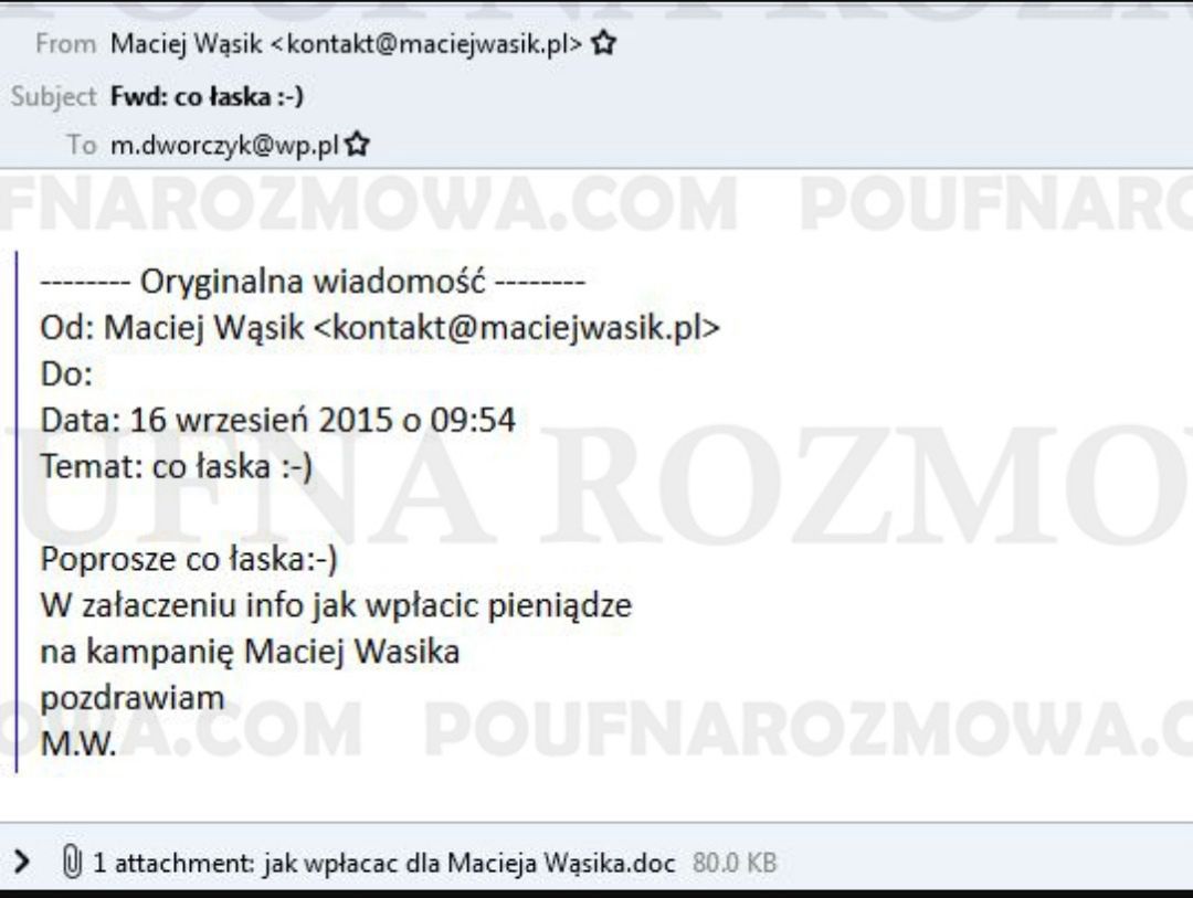 Rzekomy mail Macieja Wąsika do Michała Dworczyka (Fot. Poufna Rozmowa)