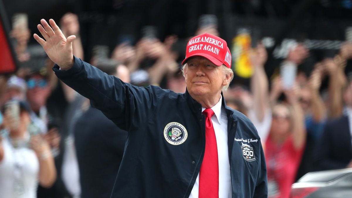 DAYTONA BEACH, FL - FEBRUARY 16:  President of the United States Donald J. Trump waves to the crowd prior to the running of the NASCAR Cup Series Daytona 500 on February 16, 2025 at Daytona International Speedway in Daytona Beach, FL. (Photo by Jeff Robinson/Icon Sportswire via Getty Images)