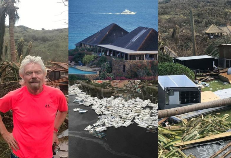 Richard Branson pozuje na tle zniszczeń spowodowanych przez huragan Irma