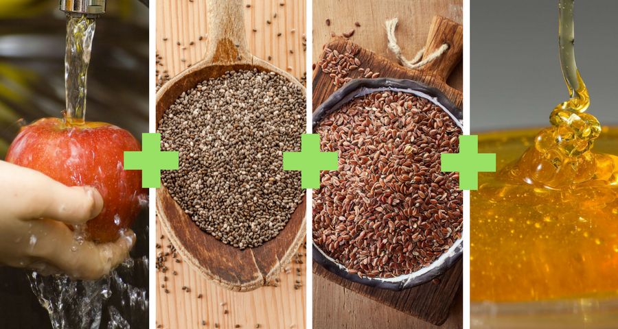 Składniki potrzebne do przyrządzenia mikstury (jabłko, nasiona chia, siemię lniane, miód i woda)