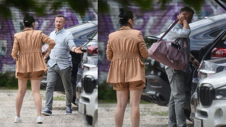 Izabela Małysz w towarzystwie męża Adama idzie do samochodu po treningu do "Tańca z gwiazdami"