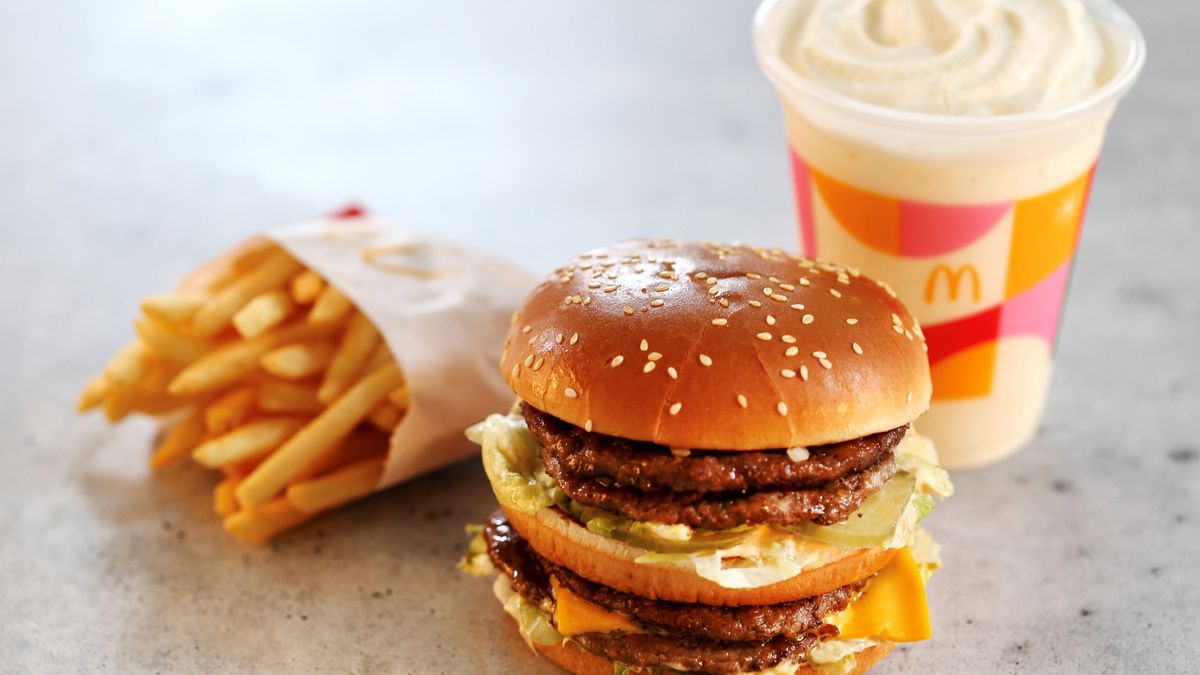 ARLINGTON, VA- JANUARY 24: McDonald's Double Big Mac with fries and a milkshake photographed in Arlington, Virginia on January 24, 2024. (Photo and food styling by Lisa Cherkasky for The Washington Post via Getty Images)