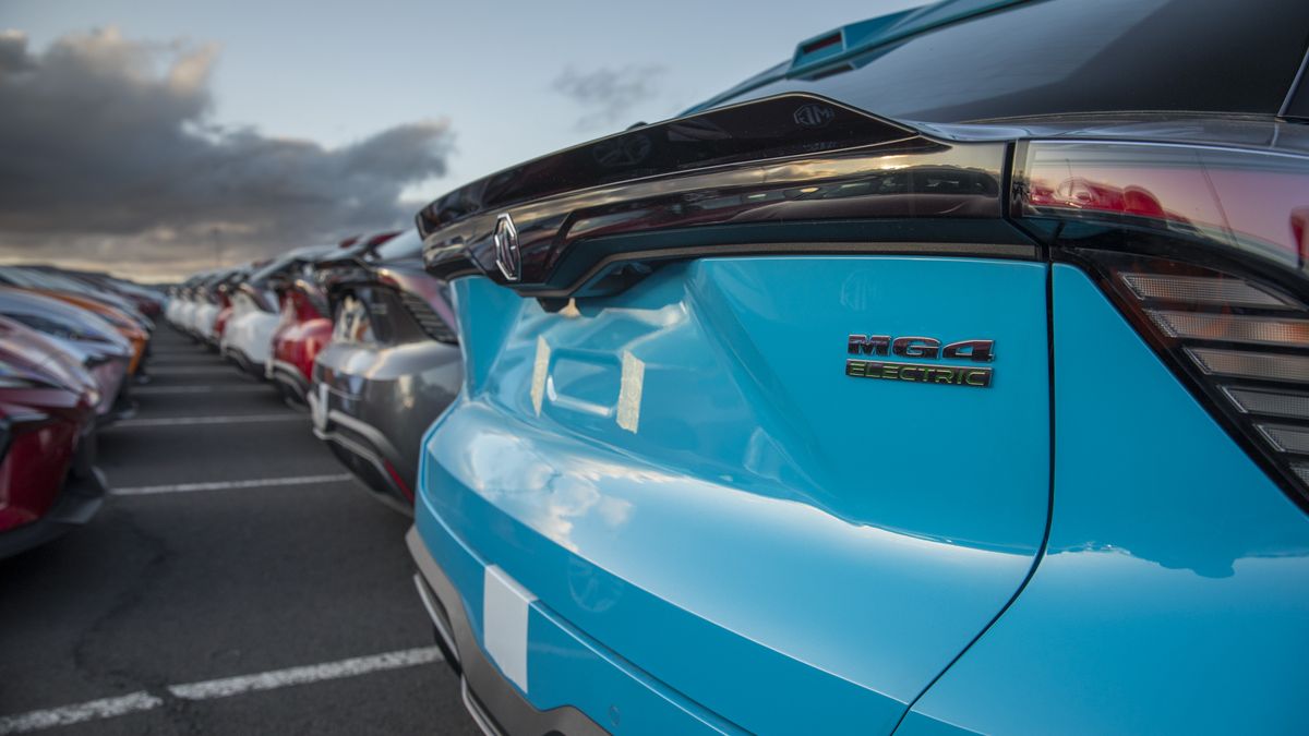 An MG Motor MG4 electric vehicle parked in a lot at Port Kembla vehicle terminal in Port Kembla, Australia, on Saturday, Sept. 2, 2023. The venerable UK automaker is thriving again, under Chinese owners, Shanghai Automotive Industry Corp., which in 2007 acquired the brand and a factory in the English city of Longbridge. MG sold 115,000 cars in Europe in the first half of 2023, more than double the total for the same period last year. Photographer: Brent Lewin/Bloomberg via Getty Images