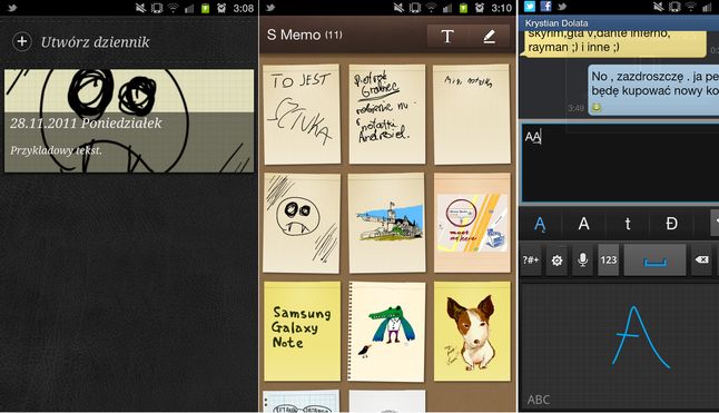 Galaxy Note - screen | dziennik, S Memo, aplikacja SMS