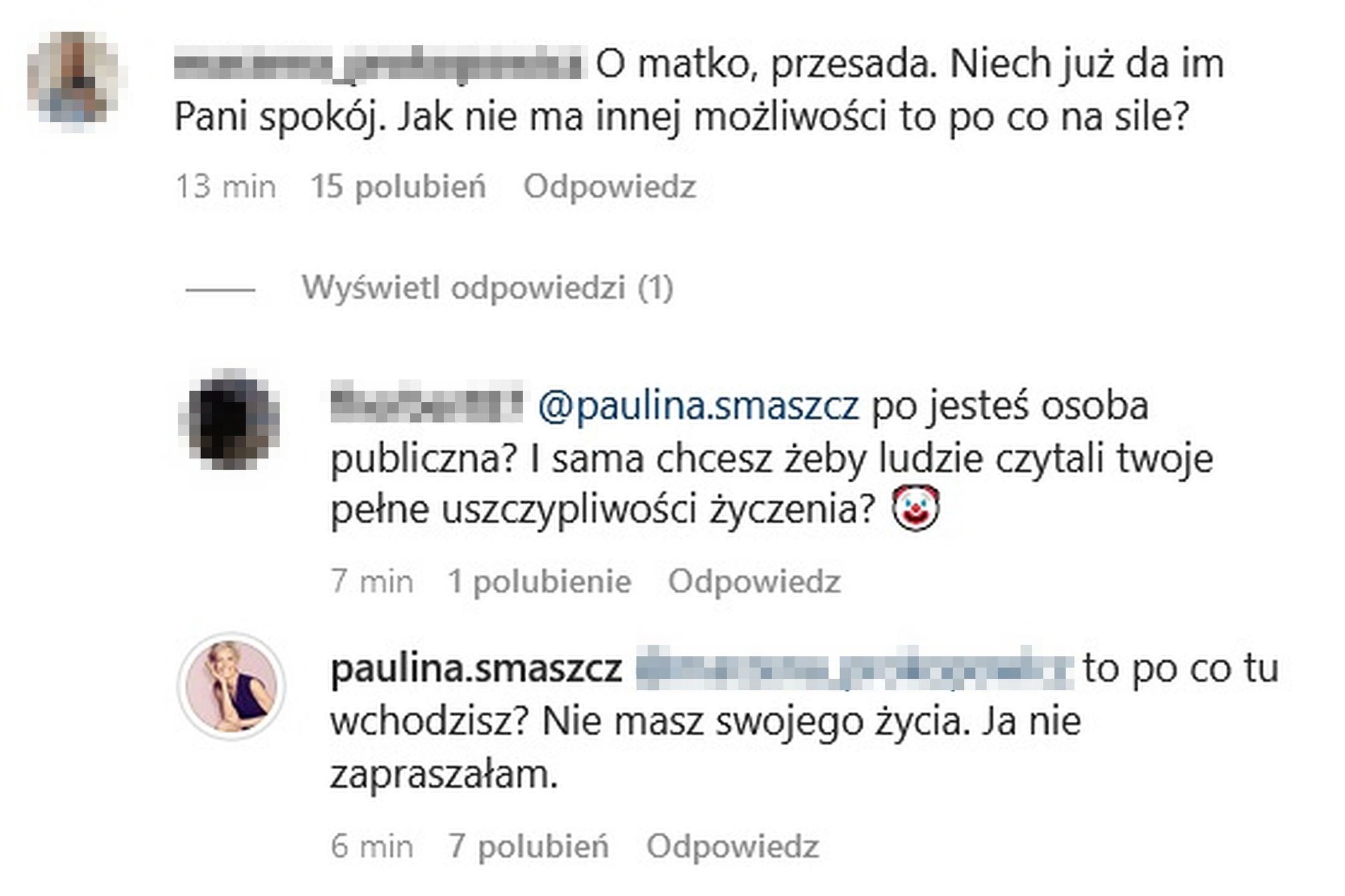 Paulina Smaszcz dyskutuje z internautami na Instagramie
