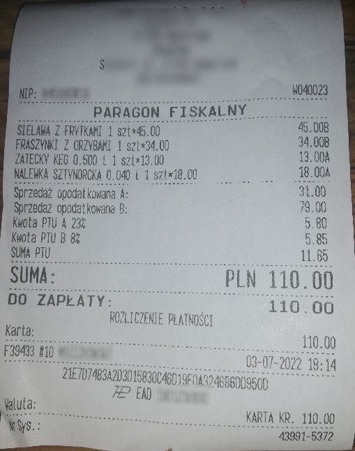 Paragon z tawerny 