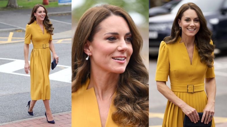 Promienna Kate Middleton zadaje szyku w musztardowej sukience za ponad TYSIĄC złotych (ZDJĘCIA)