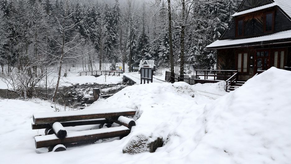 Zakopane 01.04.2022. Opady śniegu w Zakopanem. Po okresie słonecznej, wiosennej pogody temperatura się obniżyła i spadł śnieg. (kf) PAP/Grzegorz Momot