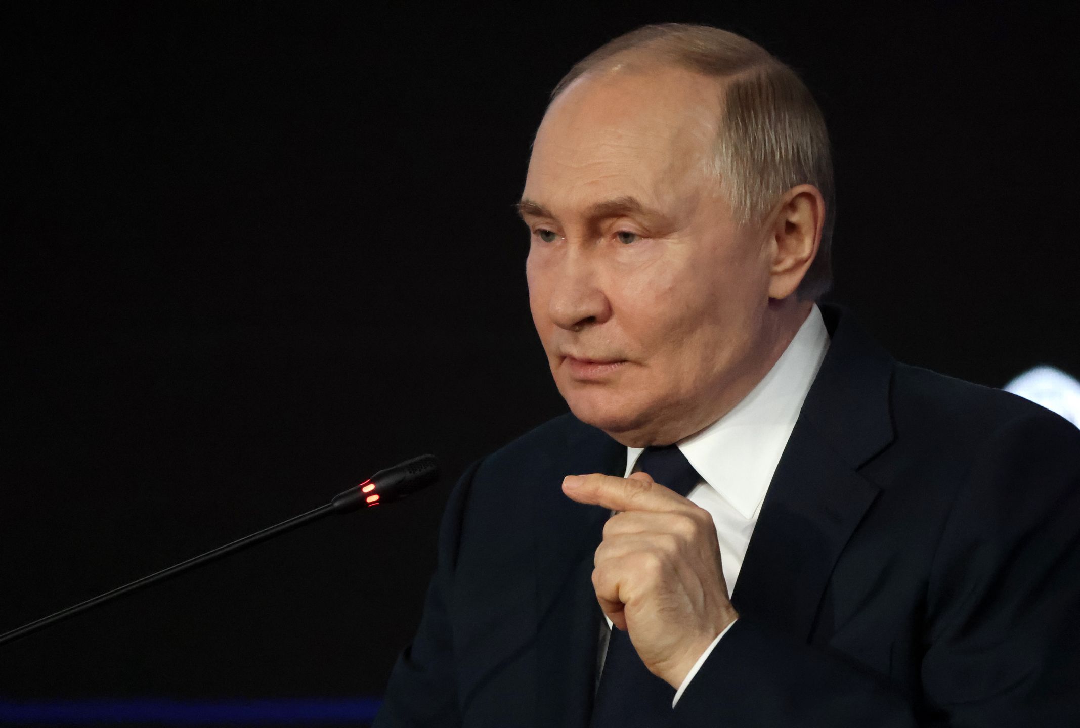 MOSCOW, RUSSIA - JULY 3: (RUSSIA OUT) Russian President Vladimir Putin speaks during the New Ideas For New Times Forum at the Russia National Center on July 3, 2025, in Moscow, Russia. Putin visited a forum, hosted by Kremlin-backed Agency for Strategic Initiatives, prior to his announced telephone call with U.S. President Donald Trump. (Photo by Contributor/Getty Images)