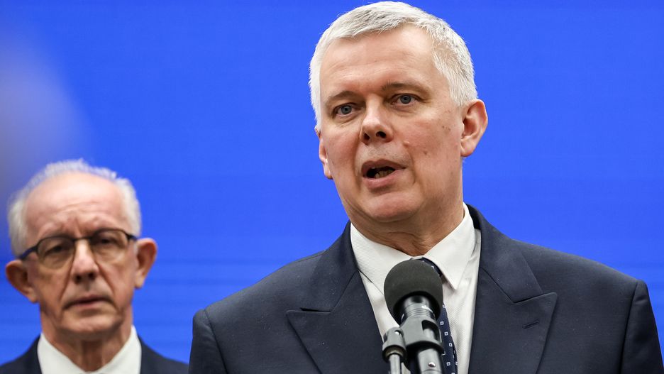 KRAKOW, MALOPOLSKIE, POLAND - 2025/03/27: Tomasz Siemoniak, Polish Minister of Interior and Administration speaks to the media at a press conference during his visit to the Lesser Poland Voivodeship at Lesser Poland Provincial Office in Krakow. (Photo by Dominika Zarzycka/SOPA Images/LightRocket via Getty Images)