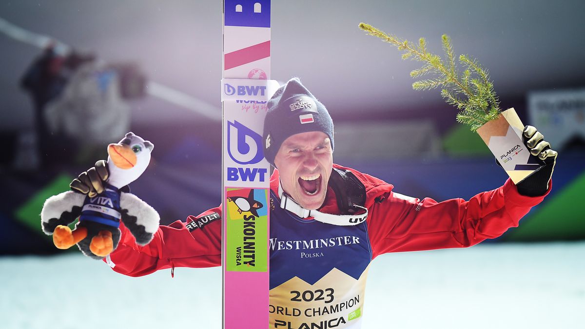 PLANICA, SLOVENIA - FEBRUARY 25: Piotr Zyla of Poland reacts after victory in the Ski Jumping Men's Individual HS100 at the FIS Nordic World Ski Championships Planica on February 25, 2023 in Planica, Slovenia. (Photo by Jurij Kodrun/Getty Images)